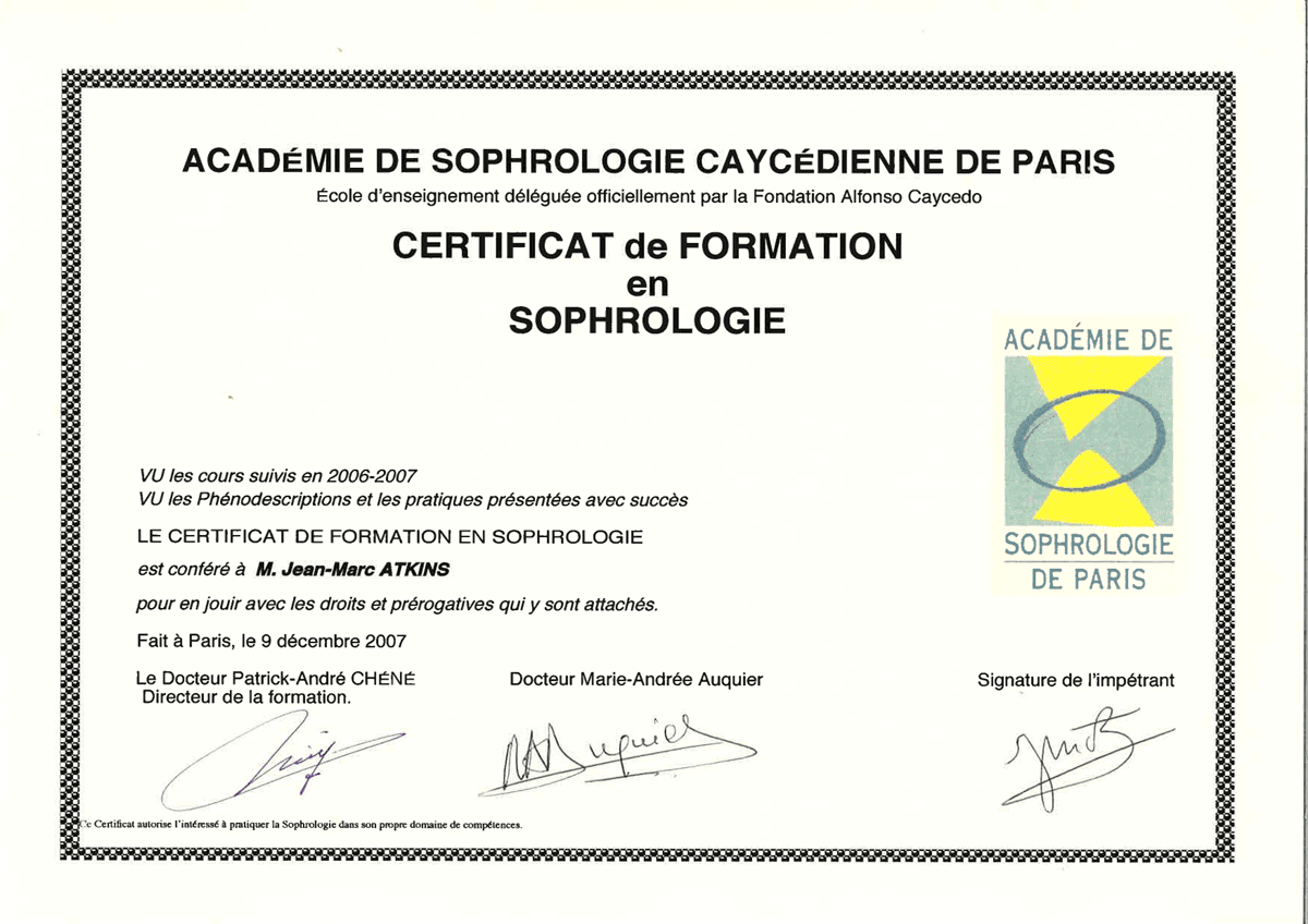 Certificat praticien en Sophrologie - Jean Marc Atkins